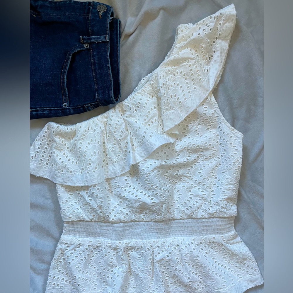 Express One-Shoulder Ruffle Peplum Top | White Eyelet Fabric | Smocked Waist
